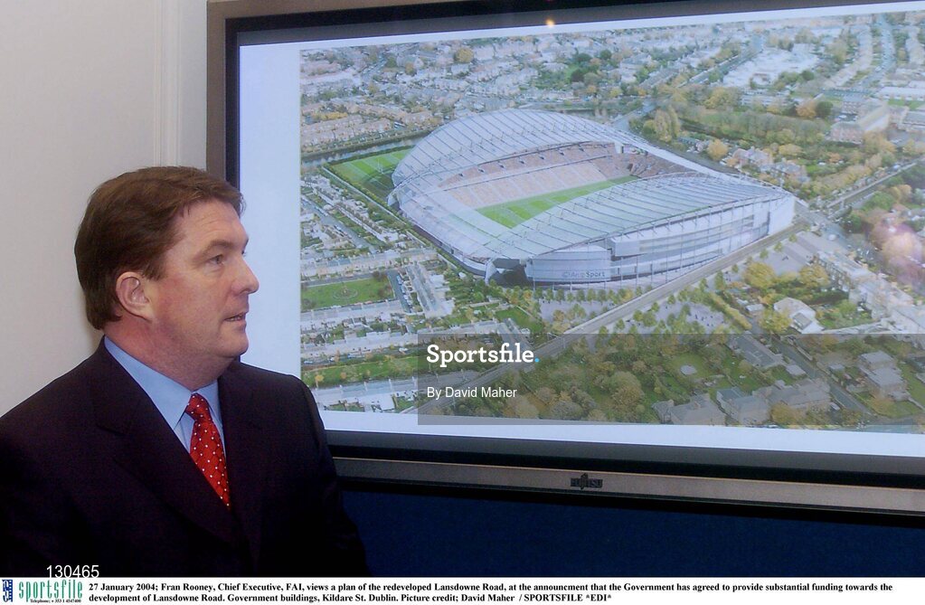 27 January 2004; Fran Rooney, Chief Executive, FAI, views a plan of the redeveloped Lansdowne Road, at the announcment that the Government has agreed to provide substantial funding towards the  development of Lansdowne Road. Government buildings, Kildare St. Dublin. Picture credit; David Maher  / SPORTSFILE *EDI*