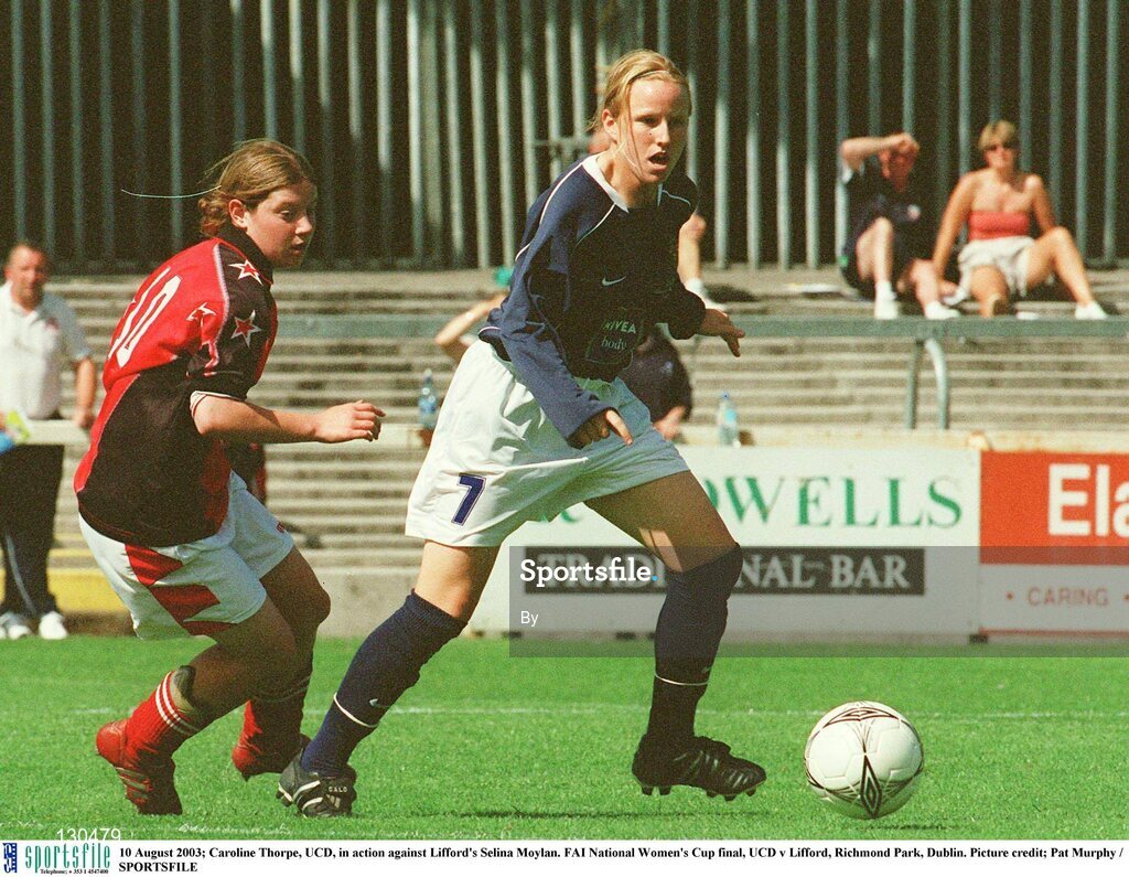 10 August 2003; Caroline Thorpe, UCD, in action against Lifford's Selina Moylan. FAI National Women's Cup final, UCD v Lifford, Richmond Park, Dublin. Picture credit; Pat Murphy / SPORTSFILE