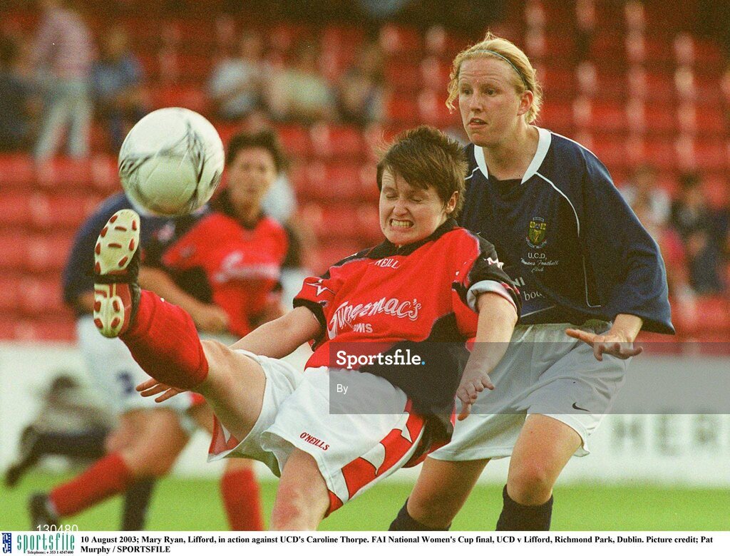 10 August 2003; Mary Ryan, Lifford, in action against UCD's Caroline Thorpe. FAI National Women's Cup final, UCD v Lifford, Richmond Park, Dublin. Picture credit; Pat Murphy / SPORTSFILE