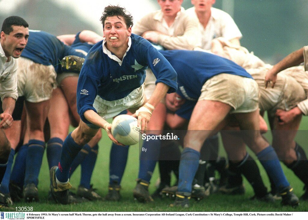 6 February 1993; St Mary's scrum half Mark Thorne, gets the ball away from a scrum. Insurance Corporation All-Ireland League, Cork Constitution v St Mary's College, Temple Hill, Cork. Picture credit; David Maher / SPORTSFILE