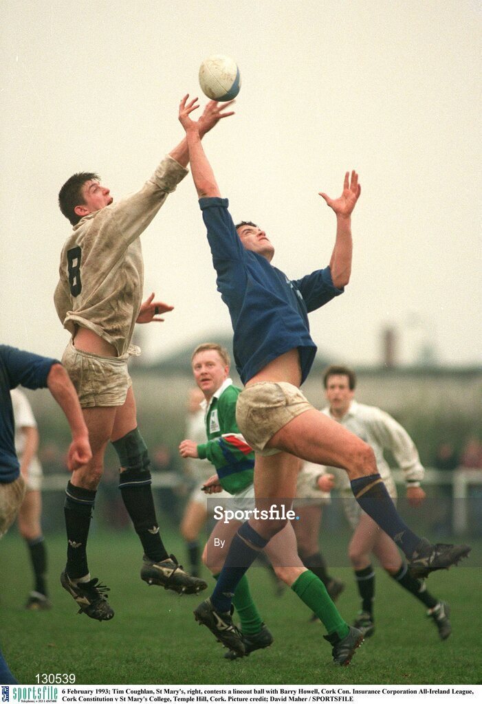 6 February 1993; Tim Coughlan, St Mary's, right, contests a lineout ball with Barry Howell, Cork Con. Insurance Corporation All-Ireland League, Cork Constitution v St Mary's College, Temple Hill, Cork. Picture credit; David Maher / SPORTSFILE
