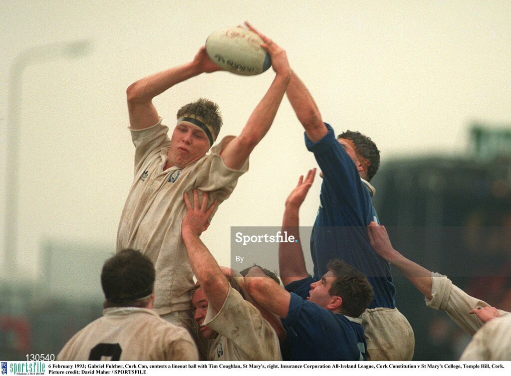 6 February 1993; Gabriel Fulcher, Cork Con, contests a lineout ball with Tim Coughlan, St Mary's, right. Insurance Corporation All-Ireland League, Cork Constitution v St Mary's College, Temple Hill, Cork. Picture credit; David Maher / SPORTSFILE
