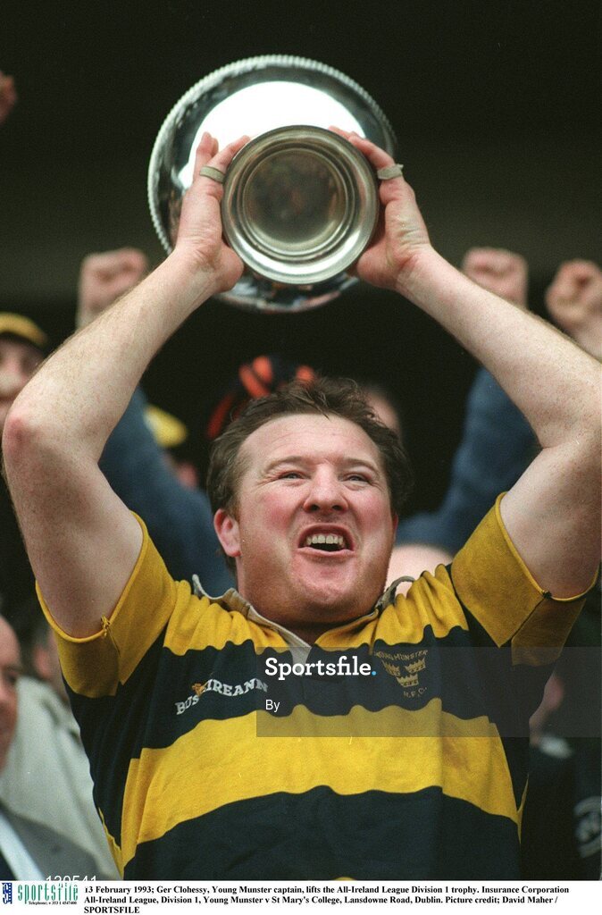 13 February 1993; Ger Clohessy, Young Munster captain, lifts the All-Ireland League Division 1 trophy. Insurance Corporation All-Ireland League, Division 1, Young Munster v St Mary's College, Lansdowne Road, Dublin. Picture credit; David Maher / SPORTSFILE