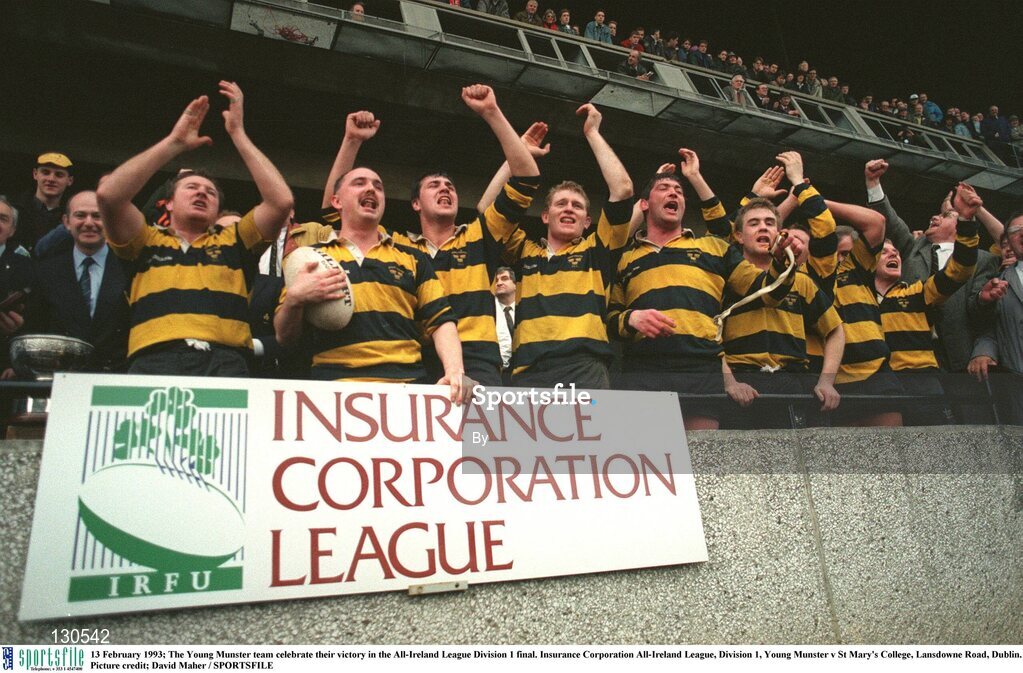13 February 1993; The Young Munster team celebrate their victory in the All-Ireland League Division 1 final. Insurance Corporation All-Ireland League, Division 1, Young Munster v St Mary's College, Lansdowne Road, Dublin. Picture credit; David Maher / SPORTSFILE