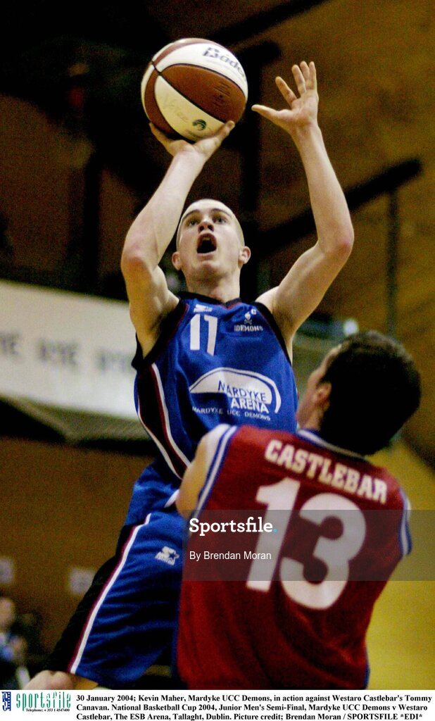 30 January 2004; Kevin Maher, Mardyke UCC Demons, in action against Westaro Castlebar's Tommy Canavan. National Basketball Cup 2004, Junior Men's Semi-Final, Mardyke UCC Demons v Westaro Castlebar, The ESB Arena, Tallaght, Dublin. Picture credit; Brendan Moran / SPORTSFILE *EDI*