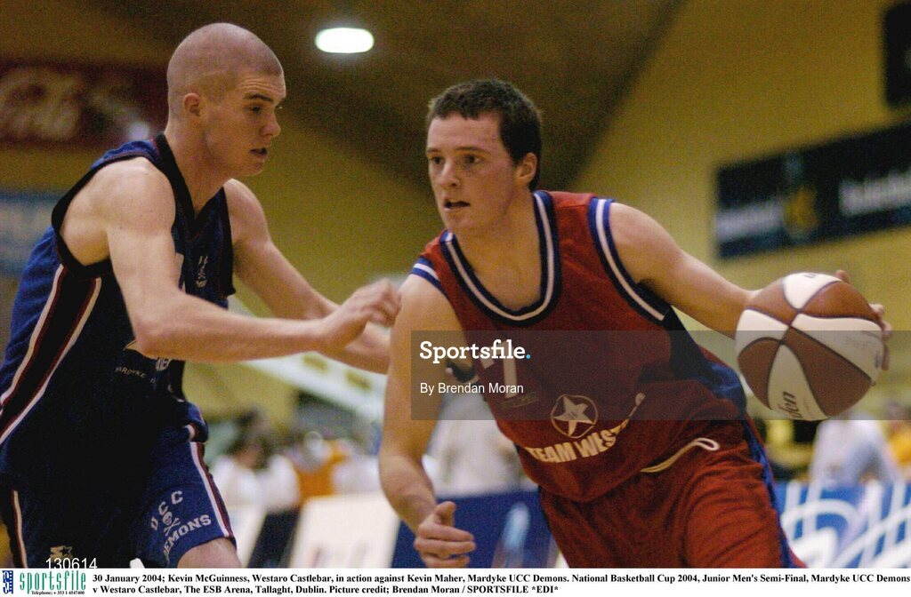 30 January 2004; Kevin McGuinness, Westaro Castlebar, in action against Kevin Maher, Mardyke UCC Demons. National Basketball Cup 2004, Junior Men's Semi-Final, Mardyke UCC Demons v Westaro Castlebar, The ESB Arena, Tallaght, Dublin. Picture credit; Brendan Moran / SPORTSFILE *EDI*