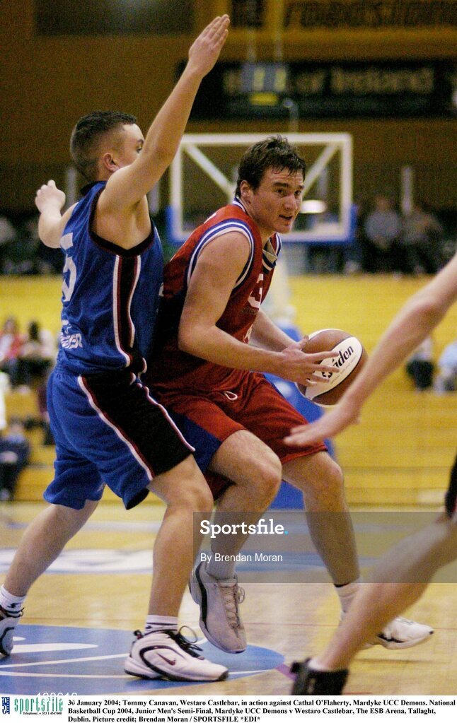 30 January 2004; Tommy Canavan, Westaro Castlebar, in action against Cathal O'Flaherty, Mardyke UCC Demons. National Basketball Cup 2004, Junior Men's Semi-Final, Mardyke UCC Demons v Westaro Castlebar, The ESB Arena, Tallaght, Dublin. Picture credit; Brendan Moran / SPORTSFILE *EDI*