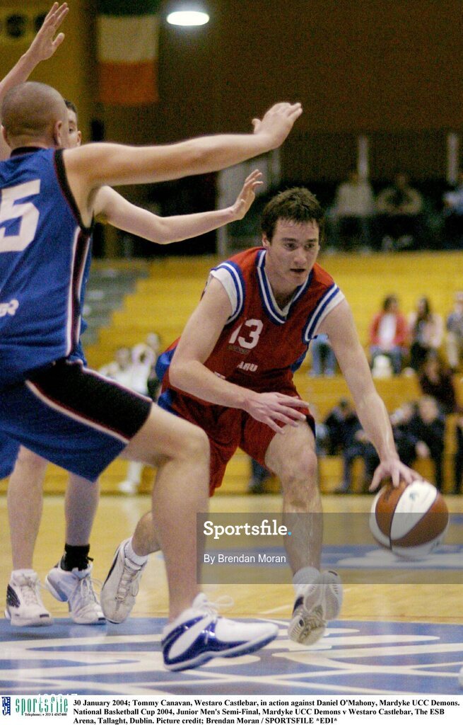 30 January 2004; Tommy Canavan, Westaro Castlebar, in action against Daniel O'Mahony, Mardyke UCC Demons. National Basketball Cup 2004, Junior Men's Semi-Final, Mardyke UCC Demons v Westaro Castlebar, The ESB Arena, Tallaght, Dublin. Picture credit; Brendan Moran / SPORTSFILE *EDI*