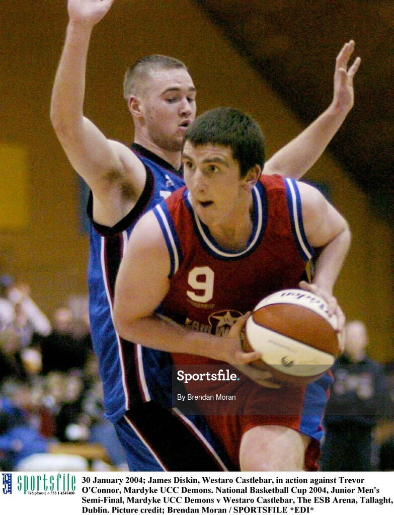 30 January 2004; James Diskin, Westaro Castlebar, in action against Trevor O'Connor, Mardyke UCC Demons. National Basketball Cup 2004, Junior Men's Semi-Final, Mardyke UCC Demons v Westaro Castlebar, The ESB Arena, Tallaght, Dublin. Picture credit; Brendan Moran / SPORTSFILE *EDI*