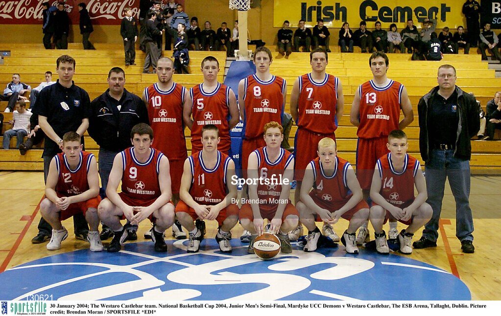 30 January 2004; The Westaro Castlebar team. National Basketball Cup 2004, Junior Men's Semi-Final, Mardyke UCC Demons v Westaro Castlebar, The ESB Arena, Tallaght, Dublin. Picture credit; Brendan Moran / SPORTSFILE *EDI*