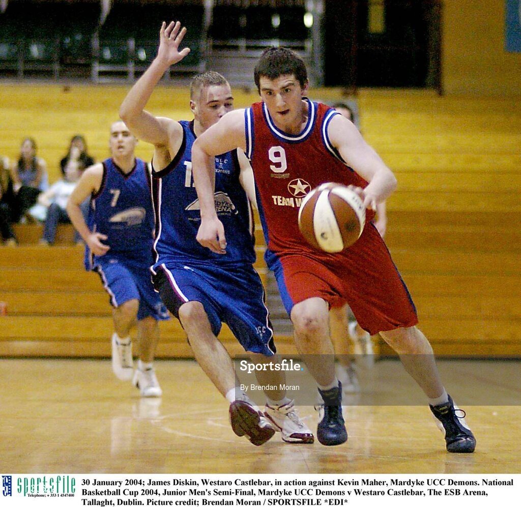 30 January 2004; James Diskin, Westaro Castlebar, in action against Kevin Maher, Mardyke UCC Demons. National Basketball Cup 2004, Junior Men's Semi-Final, Mardyke UCC Demons v Westaro Castlebar, The ESB Arena, Tallaght, Dublin. Picture credit; Brendan Moran / SPORTSFILE *EDI*