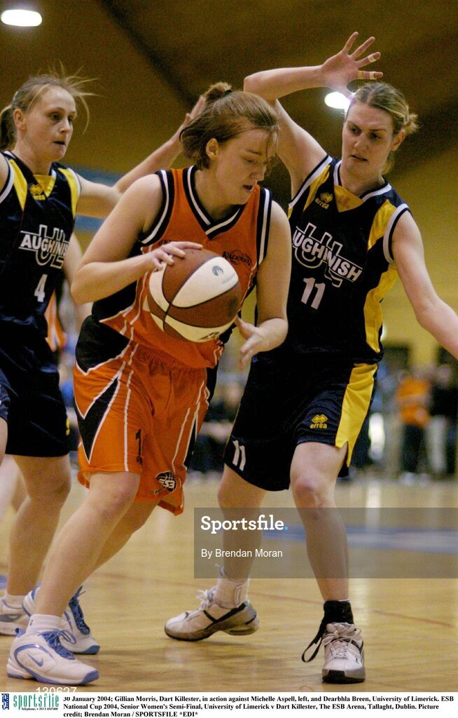 30 January 2004; Gillian Morris, Dart Killester, in action against Michelle Aspell, left, and Dearbhla Breen, University of Limerick. ESB National Cup 2004, Senior Women's Semi-Final, University of Limerick v Dart Killester, The ESB Arena, Tallaght, Dublin. Picture credit; Brendan Moran / SPORTSFILE *EDI*