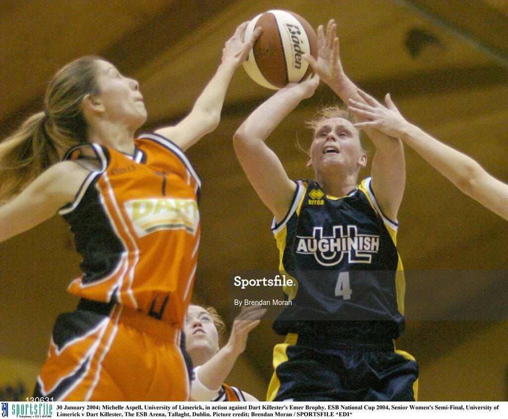 30 January 2004; Michelle Aspell, University of Limerick, in action against Dart Killester's Emer Brophy. ESB National Cup 2004, Senior Women's Semi-Final, University of Limerick v Dart Killester, The ESB Arena, Tallaght, Dublin. Picture credit; Brendan Moran / SPORTSFILE *EDI*