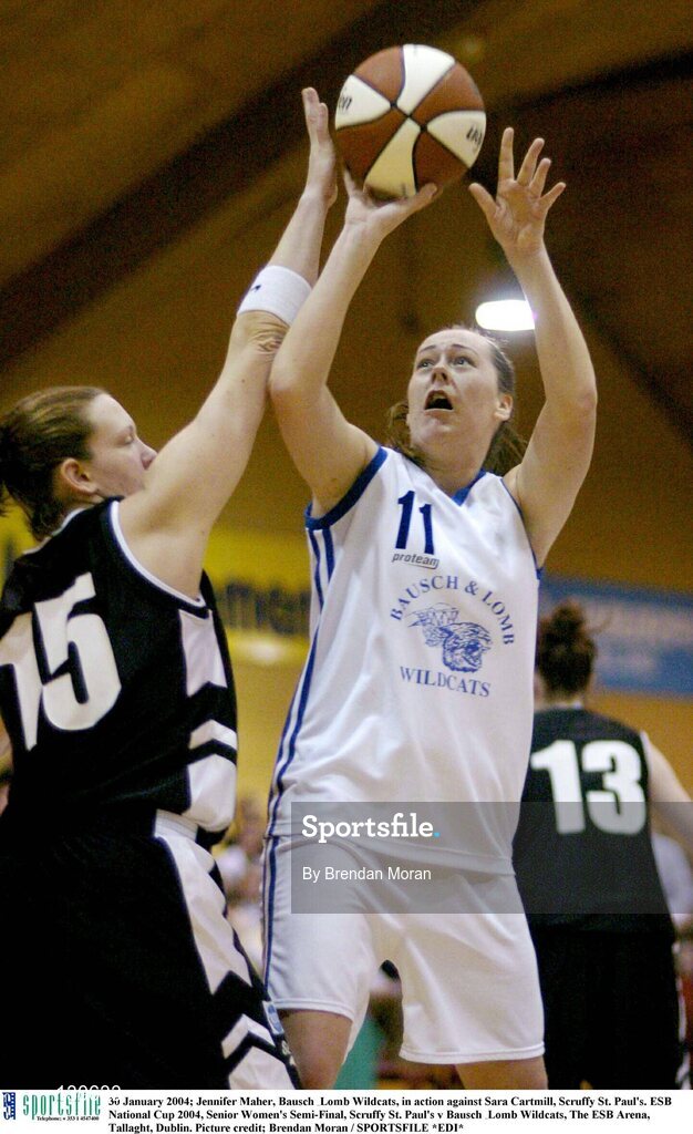 30 January 2004; Jennifer Maher, Bausch & Lomb Wildcats, in action against Sara Cartmill, Scruffy St. Paul's. ESB National Cup 2004, Senior Women's Semi-Final, Scruffy St. Paul's v Bausch & Lomb Wildcats, The ESB Arena, Tallaght, Dublin. Picture credit; Brendan Moran / SPORTSFILE *EDI*