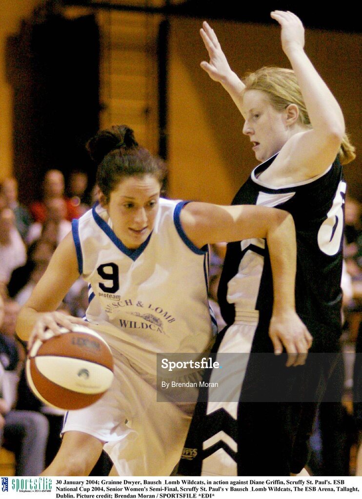 30 January 2004; Grainne Dwyer, Bausch & Lomb Wildcats, in action against Diane Griffin, Scruffy St. Paul's. ESB National Cup 2004, Senior Women's Semi-Final, Scruffy St. Paul's v Bausch & Lomb Wildcats, The ESB Arena, Tallaght, Dublin. Picture credit; Brendan Moran / SPORTSFILE *EDI*