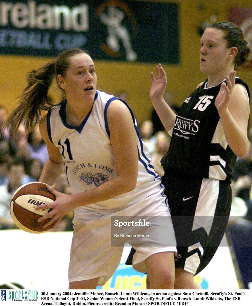30 January 2004; Jennifer Maher, Bausch & Lomb Wildcats, in action against Sara Cartmill, Scruffy's St. Paul's. ESB National Cup 2004, Senior Women's Semi-Final, Scruffy St. Paul's v Bausch & Lomb Wildcats, The ESB Arena, Tallaght, Dublin. Picture credit; Brendan Moran / SPORTSFILE *EDI*