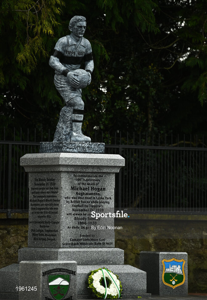 26 November 2020; A statue, dedicated to Michael Hogan, the only player killed in the Bloody Sunday events of 1920 in Croke Park is seen in Grangemockler, Tipperary. On Sunday 21 November 1920, an attack by Crown Forces on the attendees at a challenge Gaelic Football match between Dublin and Tipperary during the Irish War of Independence resulted in 14 people being murdered. Along with the 13 supporters that lost their lives that day a Tipperary footballer, Michael Hogan, also died. The main stand in Croke Park, the Hogan Stand, was subsequently named after him. Photo by Eóin Noonan/Sportsfile