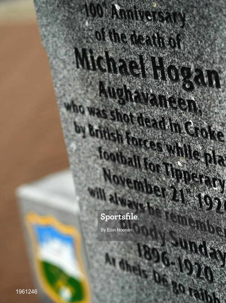 26 November 2020; A statue, dedicated to Michael Hogan, the only player killed in the Bloody Sunday events of 1920 in Croke Park is seen in Grangemockler, Tipperary. On Sunday 21 November 1920, an attack by Crown Forces on the attendees at a challenge Gaelic Football match between Dublin and Tipperary during the Irish War of Independence resulted in 14 people being murdered. Along with the 13 supporters that lost their lives that day a Tipperary footballer, Michael Hogan, also died. The main stand in Croke Park, the Hogan Stand, was subsequently named after him. Photo by Eóin Noonan/Sportsfile