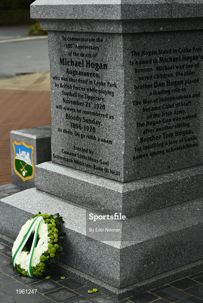 26 November 2020; A statue, dedicated to Michael Hogan, the only player killed in the Bloody Sunday events of 1920 in Croke Park is seen in Grangemockler, Tipperary. On Sunday 21 November 1920, an attack by Crown Forces on the attendees at a challenge Gaelic Football match between Dublin and Tipperary during the Irish War of Independence resulted in 14 people being murdered. Along with the 13 supporters that lost their lives that day a Tipperary footballer, Michael Hogan, also died. The main stand in Croke Park, the Hogan Stand, was subsequently named after him. Photo by Eóin Noonan/Sportsfile