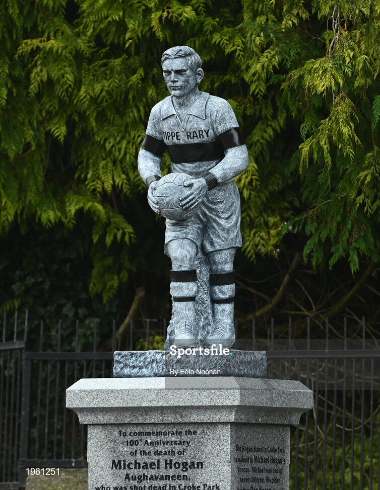 26 November 2020; A statue, dedicated to Michael Hogan, the only player killed in the Bloody Sunday events of 1920 in Croke Park is seen in Grangemockler, Tipperary. On Sunday 21 November 1920, an attack by Crown Forces on the attendees at a challenge Gaelic Football match between Dublin and Tipperary during the Irish War of Independence resulted in 14 people being murdered. Along with the 13 supporters that lost their lives that day a Tipperary footballer, Michael Hogan, also died. The main stand in Croke Park, the Hogan Stand, was subsequently named after him. Photo by Eóin Noonan/Sportsfile