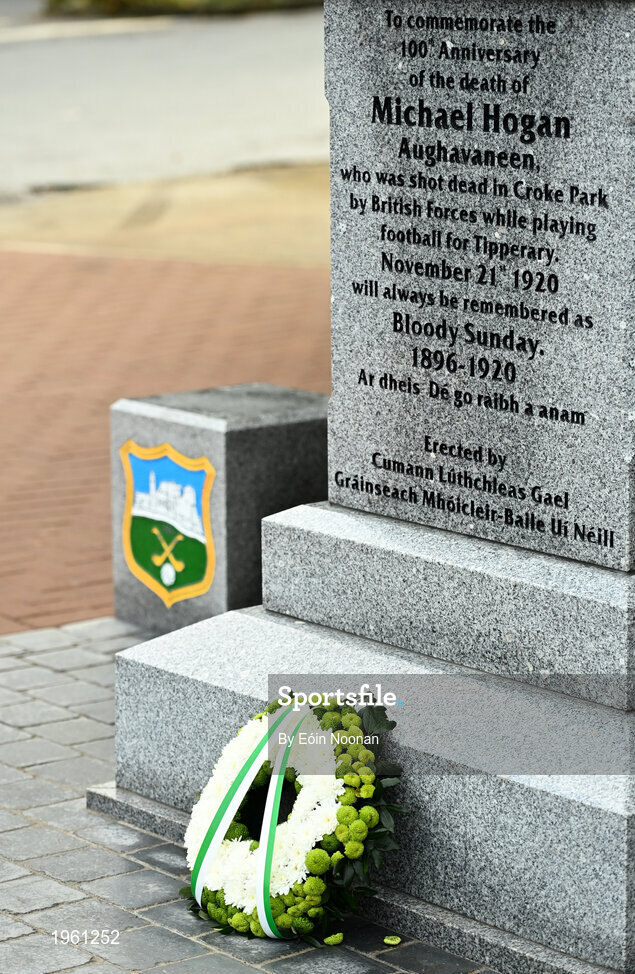 26 November 2020; A statue, dedicated to Michael Hogan, the only player killed in the Bloody Sunday events of 1920 in Croke Park is seen in Grangemockler, Tipperary. On Sunday 21 November 1920, an attack by Crown Forces on the attendees at a challenge Gaelic Football match between Dublin and Tipperary during the Irish War of Independence resulted in 14 people being murdered. Along with the 13 supporters that lost their lives that day a Tipperary footballer, Michael Hogan, also died. The main stand in Croke Park, the Hogan Stand, was subsequently named after him. Photo by Eóin Noonan/Sportsfile