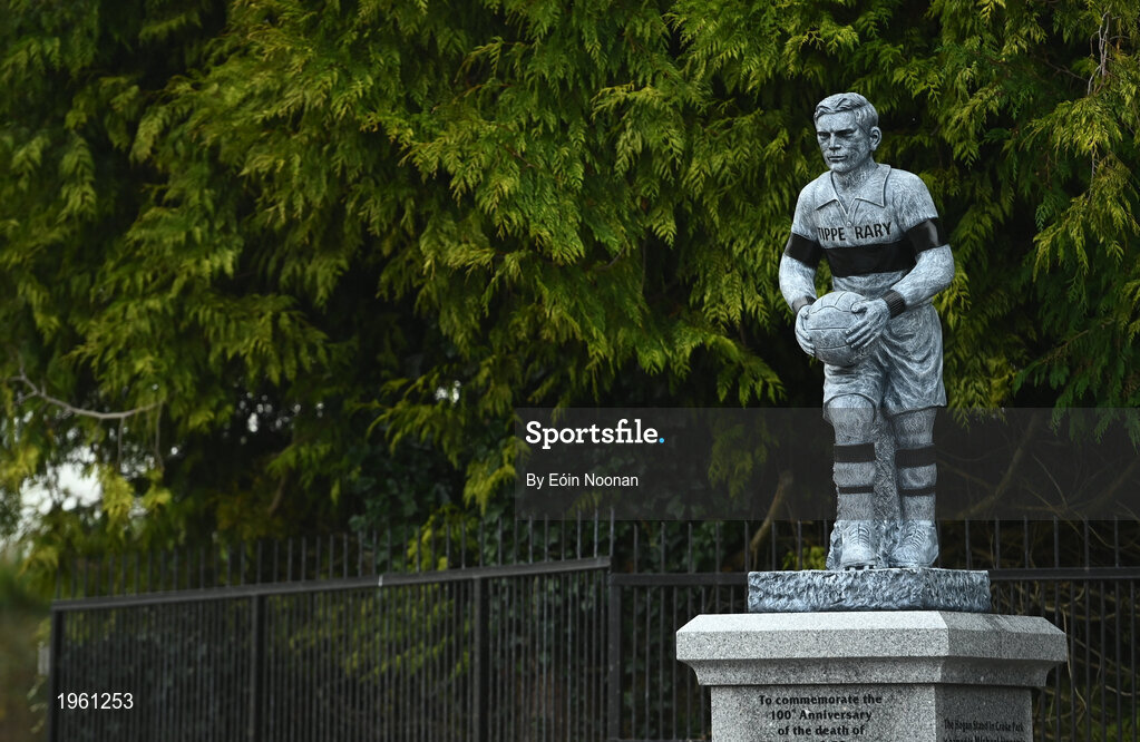26 November 2020; A statue, dedicated to Michael Hogan, the only player killed in the Bloody Sunday events of 1920 in Croke Park is seen in Grangemockler, Tipperary. On Sunday 21 November 1920, an attack by Crown Forces on the attendees at a challenge Gaelic Football match between Dublin and Tipperary during the Irish War of Independence resulted in 14 people being murdered. Along with the 13 supporters that lost their lives that day a Tipperary footballer, Michael Hogan, also died. The main stand in Croke Park, the Hogan Stand, was subsequently named after him. Photo by Eóin Noonan/Sportsfile