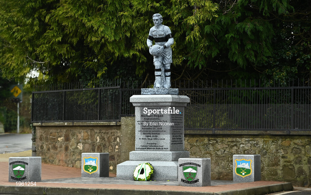 26 November 2020; A statue, dedicated to Michael Hogan, the only player killed in the Bloody Sunday events of 1920 in Croke Park is seen in Grangemockler, Tipperary. On Sunday 21 November 1920, an attack by Crown Forces on the attendees at a challenge Gaelic Football match between Dublin and Tipperary during the Irish War of Independence resulted in 14 people being murdered. Along with the 13 supporters that lost their lives that day a Tipperary footballer, Michael Hogan, also died. The main stand in Croke Park, the Hogan Stand, was subsequently named after him. Photo by Eóin Noonan/Sportsfile