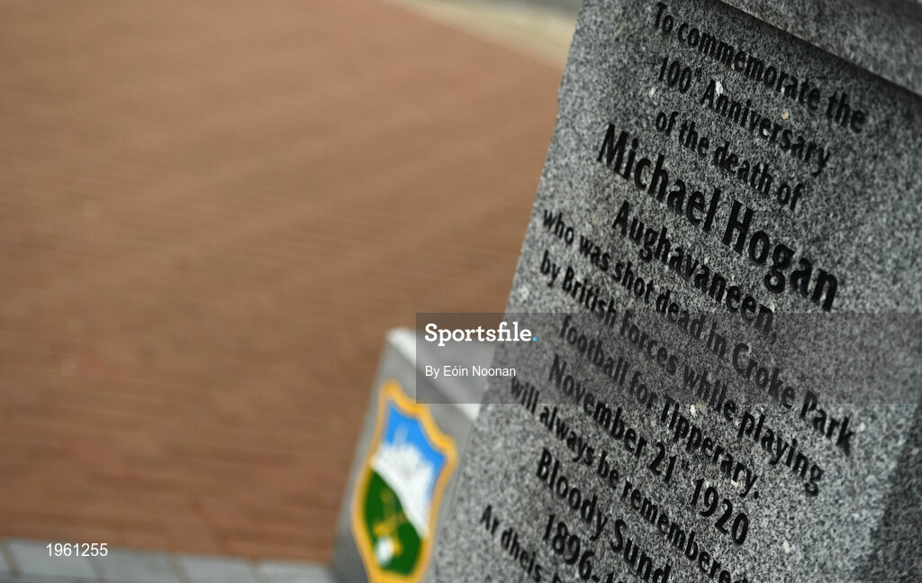 26 November 2020; A statue, dedicated to Michael Hogan, the only player killed in the Bloody Sunday events of 1920 in Croke Park is seen in Grangemockler, Tipperary. On Sunday 21 November 1920, an attack by Crown Forces on the attendees at a challenge Gaelic Football match between Dublin and Tipperary during the Irish War of Independence resulted in 14 people being murdered. Along with the 13 supporters that lost their lives that day a Tipperary footballer, Michael Hogan, also died. The main stand in Croke Park, the Hogan Stand, was subsequently named after him. Photo by Eóin Noonan/Sportsfile