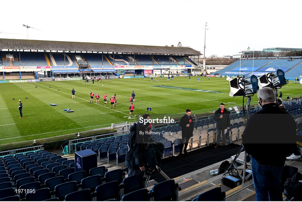 19 December 2020; A general view of the Virgin Media broadcast studio with presenter Joe Molloy, and analysts Eoin Reddan and Alan Quinlan ahead of the Heineken Champions Cup Pool A Round 2 match between Leinster and Northampton Saints at the RDS Arena in Dublin. Photo by Ramsey Cardy/Sportsfile