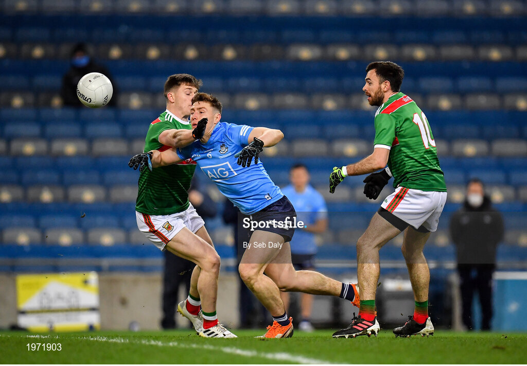 19 December 2020; John Small of Dublin is fouled by Darren Coen of Mayo during the GAA Football All-Ireland Senior Championship Final match between Dublin and Mayo at Croke Park in Dublin. Photo by Seb Daly/Sportsfile