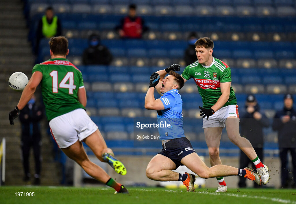 19 December 2020; John Small of Dublin is fouled by Darren Coen of Mayo during the GAA Football All-Ireland Senior Championship Final match between Dublin and Mayo at Croke Park in Dublin. Photo by Seb Daly/Sportsfile