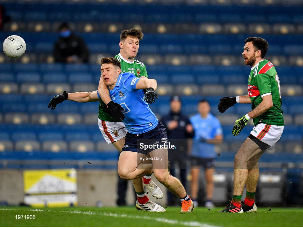19 December 2020; John Small of Dublin is fouled by Darren Coen of Mayo during the GAA Football All-Ireland Senior Championship Final match between Dublin and Mayo at Croke Park in Dublin. Photo by Seb Daly/Sportsfile