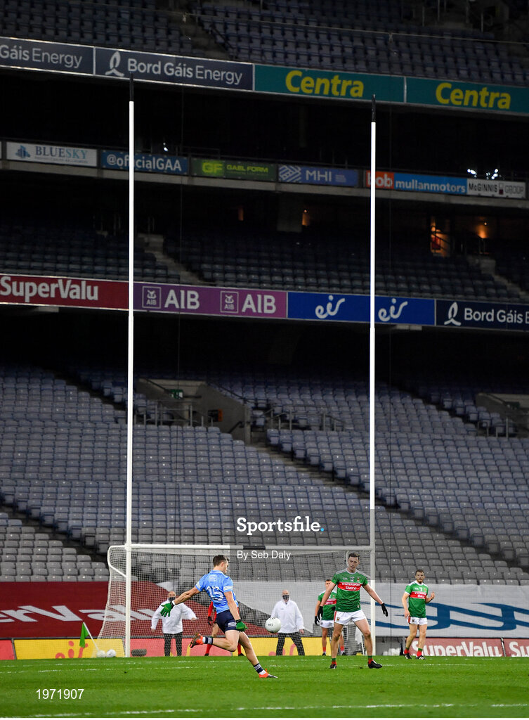 19 December 2020; Dean Rock of Dublin converts a free during the GAA Football All-Ireland Senior Championship Final match between Dublin and Mayo at Croke Park in Dublin. Photo by Seb Daly/Sportsfile