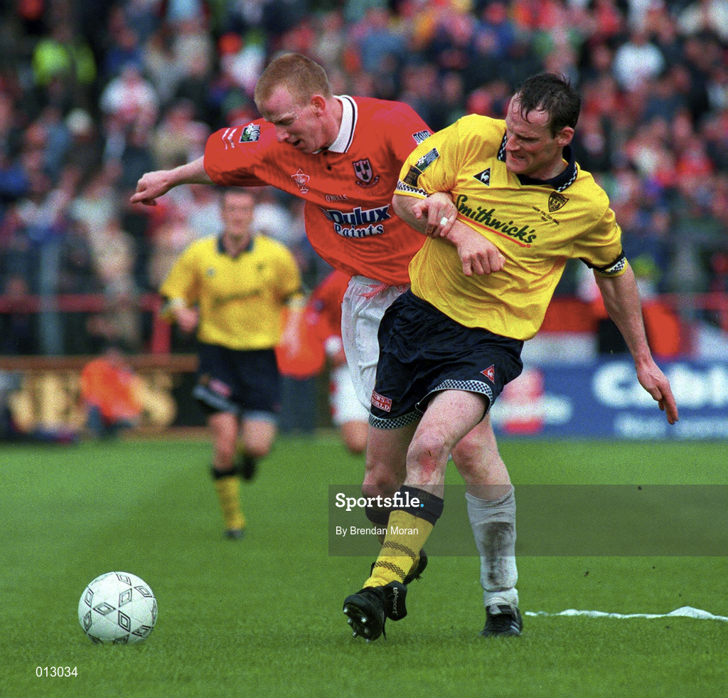 4 May 1997; Brian Flood of Shelbourne in action against Paul Hegarty of Derry City during the FAI Cup Final match between Derry City and Shelbourne at Dalymount Park in Dublin. Photo by Brendan Moran/Sportsfile