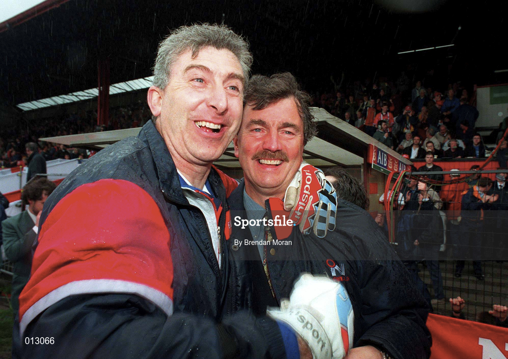 4 May 1997; Shelbourne manager Damien Richardson, right, and goalkeeping coach Fred Davis celebrate following their side's victory during the FAI Cup Final match between Derry City and Shelbourne at Dalymount Park in Dublin. Photo by Brendan Moran/Sportsfile