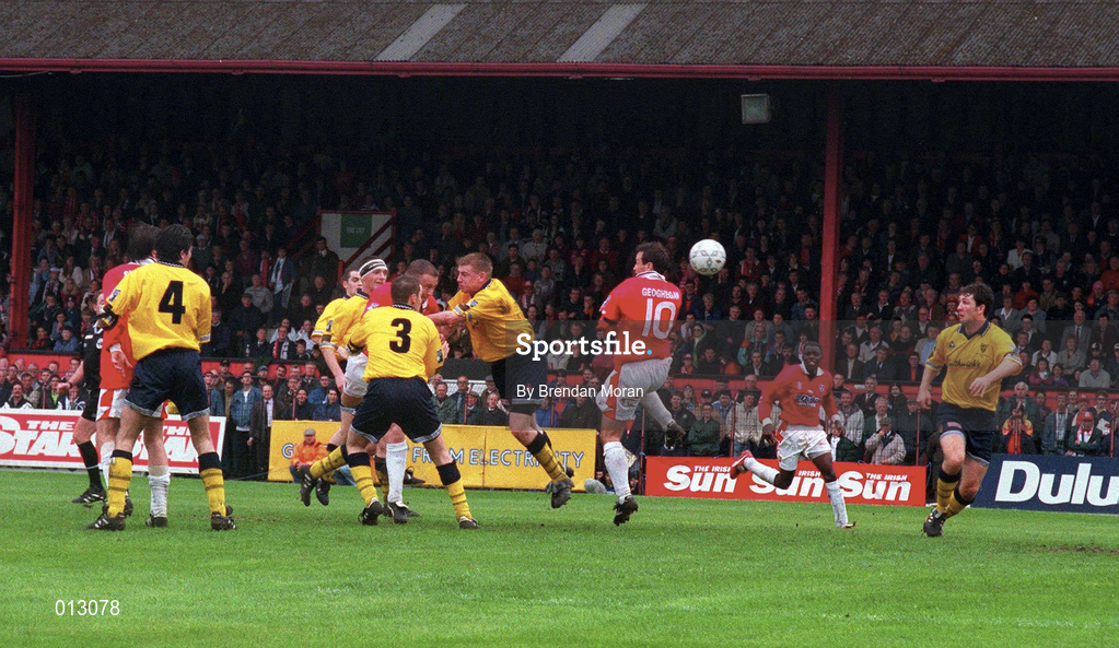4 May 1997; Dave Campbell of Shelbourne, centre, heads to score his side's first goal during the FAI Cup Final match between Derry City and Shelbourne at Dalymount Park in Dublin. Photo by Brendan Moran/Sportsfile