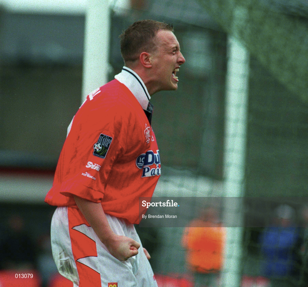 4 May 1997; Dave Campbell of Shelbourne celebrates after scoring his side's first goal during the FAI Cup Final match between Derry City and Shelbourne at Dalymount Park in Dublin. Photo by Brendan Moran/Sportsfile