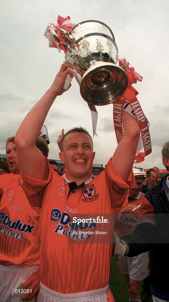 4 May 1997; Dave Campbell of Shelbourne celebrates with the trophy following his side's victory during the FAI Cup Final match between Derry City and Shelbourne at Dalymount Park in Dublin. Photo by Brendan Moran/Sportsfile