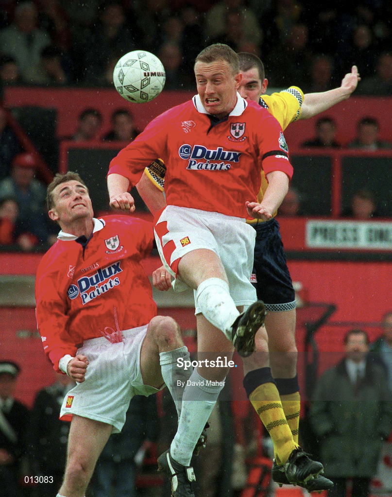 4 May 1997; Dave Campbell of Shelbourne in action against Sean Hargan of Derry City during the FAI Cup Final match between Derry City and Shelbourne at Dalymount Park in Dublin. Photo by David Maher/Sportsfile