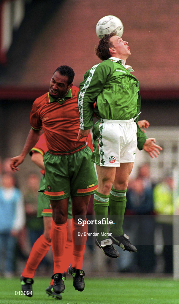29 May 1996; David Connolly of Republic of Ireland in action against HŽlder of Portugal during the International Friendly match between Republic of Ireland and Portugal at Lansdowne in Dublin. Photo by Brendan Moran/Sportsfile