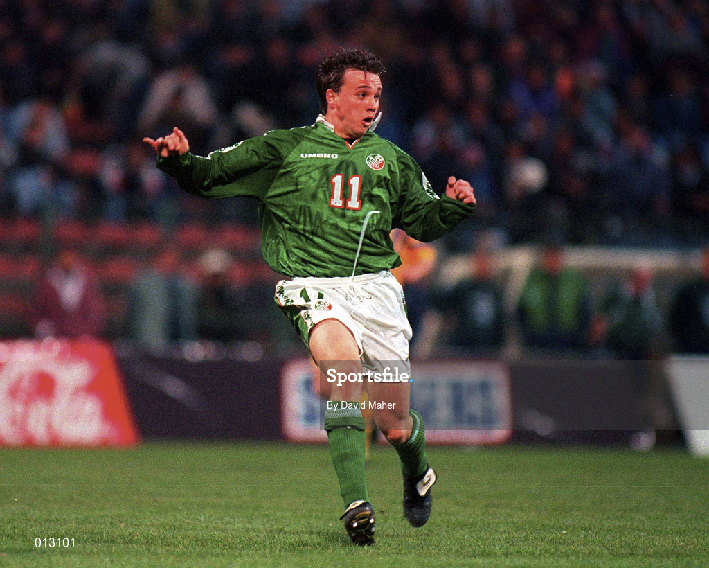 30 April 1997; David Connolly of Republic of Ireland during the FIFA World Cup 1998 Group 8 Qualifiying match between Romania and Republic of Ireland at Stadionul Steaua in Bucharest, Romania. Photo by David Maher/Sportsfile