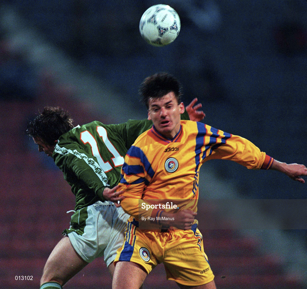 30 April 1997; Daniel Prodan of Romania in action against David Connolly of Republic of Ireland during the FIFA World Cup 1998 Group 8 Qualifiying match between Romania and Republic of Ireland at Stadionul Steaua in Bucharest, Romania. Photo by Ray McManus/Sportsfile