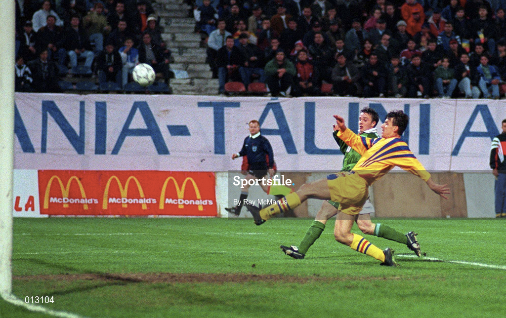 30 April 1997; David Connolly of Republic of Ireland in actino against Daniel Prodan of Romania during the FIFA World Cup 1998 Group 8 Qualifiying match between Romania and Republic of Ireland at Stadionul Steaua in Bucharest, Romania. Photo by Ray McManus/Sportsfile