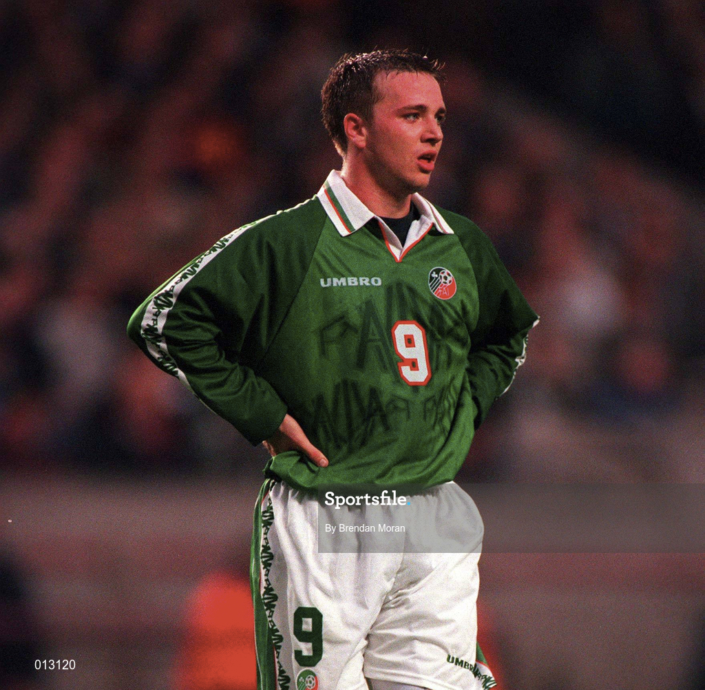 21 May 1997; David Connolly of Republic of Ireland during the FIFA World Cup 1998 Group 8 Qualifying match between Republic of Ireland and Liechtenstein at Lansdowne Road in Dublin. Photo by Brendan Moran/Sportsfile