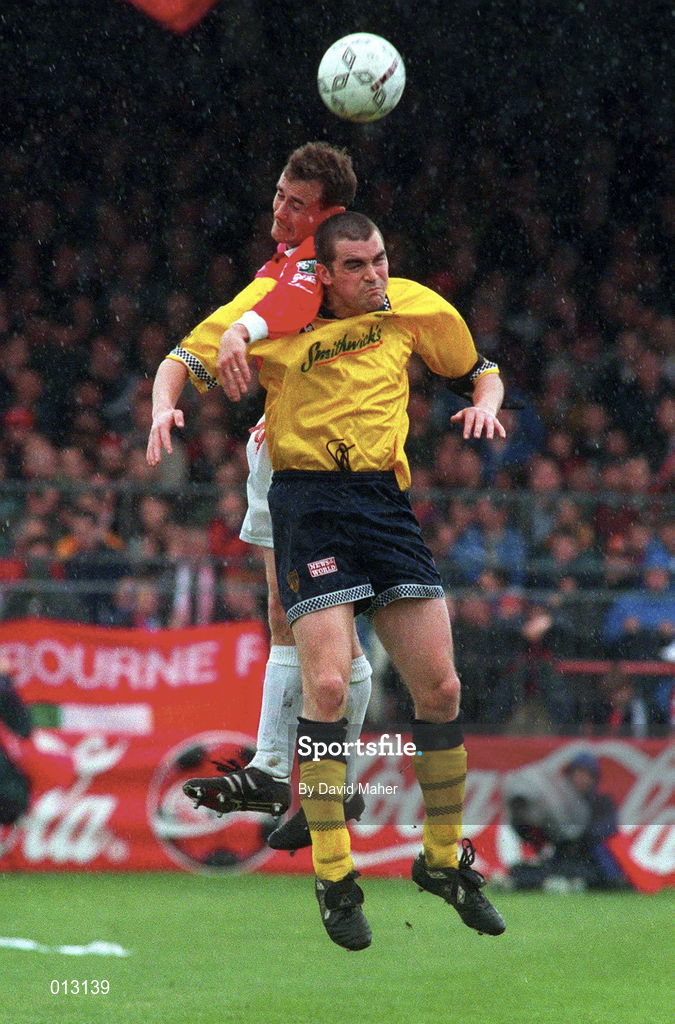4 May 1997; Declan Goeghegan of Shelbourne in action against Sean Hargan of Derry City during the FAI Cup Final match between Derry City and Shelbourne at Dalymount Park in Dublin. Photo by David Maher/Sportsfile