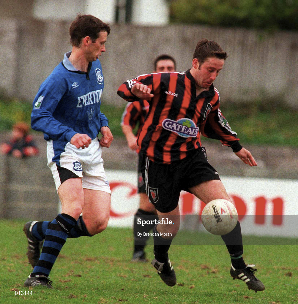 23 March 1997; Derek McGrath of Bohemians in action against Gareth Kelly of Home Farm Everton during the Bord Gáis National League Premier Division match between Home Farm Everton and Bohemians at Whitehall in Dublin. Photo by Brendan Moran/Sportsfile