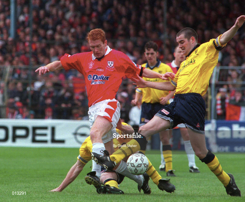 4 May 1997; John O'Rourke of Shelbourne in action against Sean Hargan of Derry City during the FAI Cup Final match between Derry City and Shelbourne at Dalymount Park in Dublin. Photo by David Maher/Sportsfile