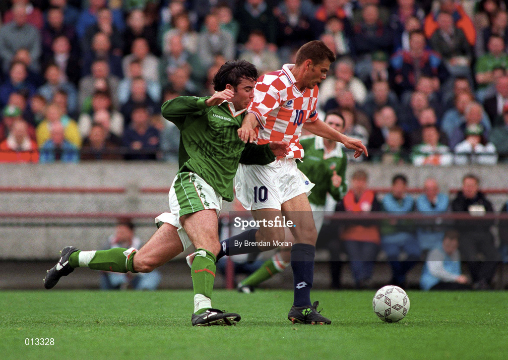 2 June 1996; Gary Breen of Republic of Ireland in action against Zvonimir Boban of Croatia during the International Friendly match between Republic of Ireland and Croatia at Lansdowne in Dublin. Photo by Brendan Moran/Sportsfile
