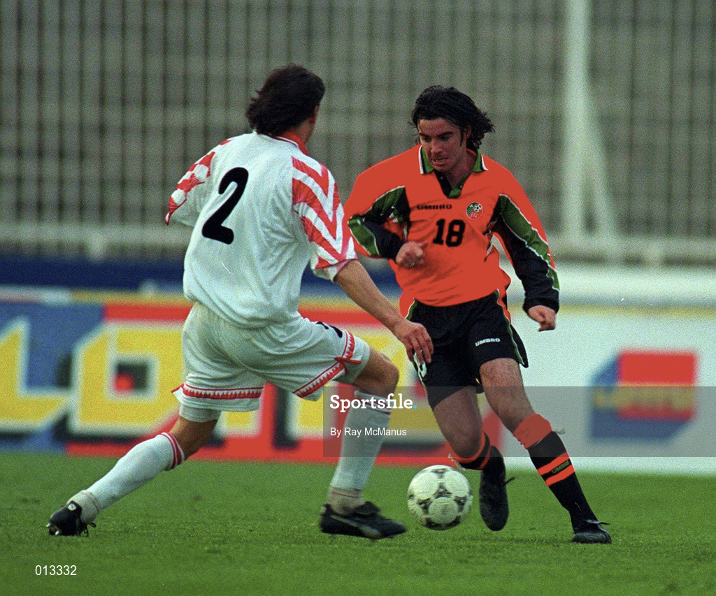 2 April 1997; Keith O'Neill of Republic of Ireland in action against Ljupco Markovski of FYR Macedonia during the FIFA World Cup 1998 Group 8 Qualifying match between FYR Macedonia and Republic of Ireland at the City Stadium in Skopje, FYR Macedonia. Photo by Ray McManus/Sportsfile