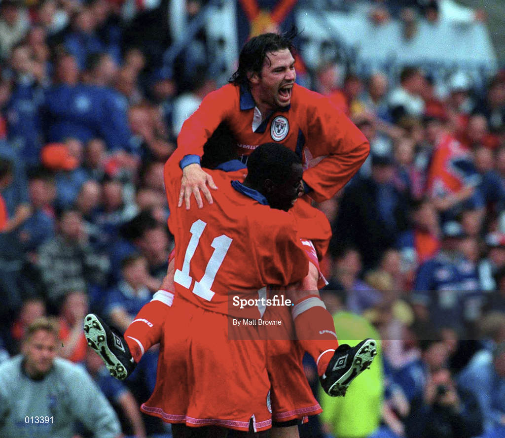 22 July 1998; Liam Kelly of Shelbourne celebrates with team-mate Mark Rutherford, 11, after his side's first goal, an own goal scored by Sergio Porrini of Rangers, during the UEFA Cup First Qualifying Round 2nd Leg between Shelbourne and Rangers at Prenton Park in Birkenhead, Liverpool. Photo by Matt Browne/Sportsfile